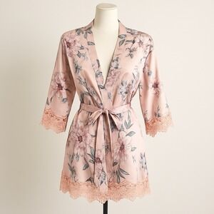 LeRose Floral Satin Lace Trim‎ Bridal Robe Pink Peony Kimono M/L Bridesmaid READ